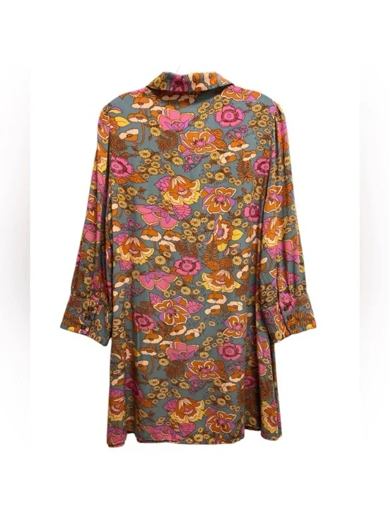Natural Life Twiggy Vibrant Floral Button-Up Tunic Shirt Dress Pink & Mustard - Picture 14 of 14